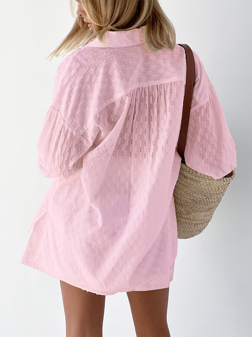 Broderie Stripe Linen Set – Women's Oversized Shirt & Shorts