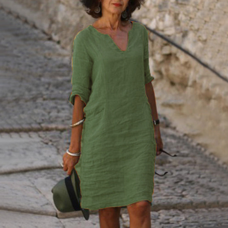Linen V-Neck Dress Women – Relaxed Fit Summer Dress
