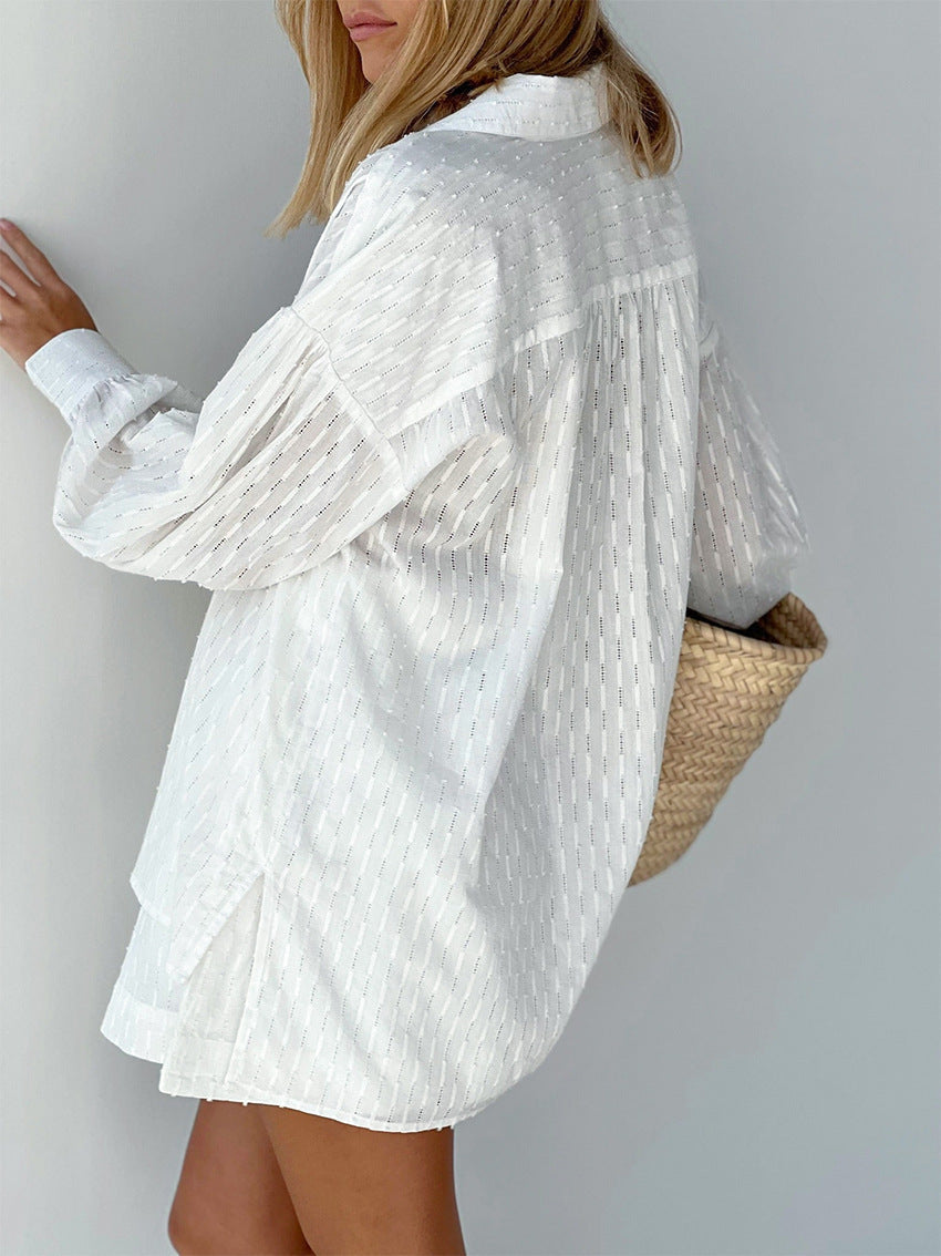 Broderie Stripe Linen Set – Women's Oversized Shirt & Shorts