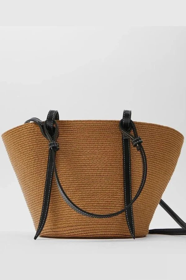Woven Straw Tote Bag with Leather Handles – Summer Beach Bag