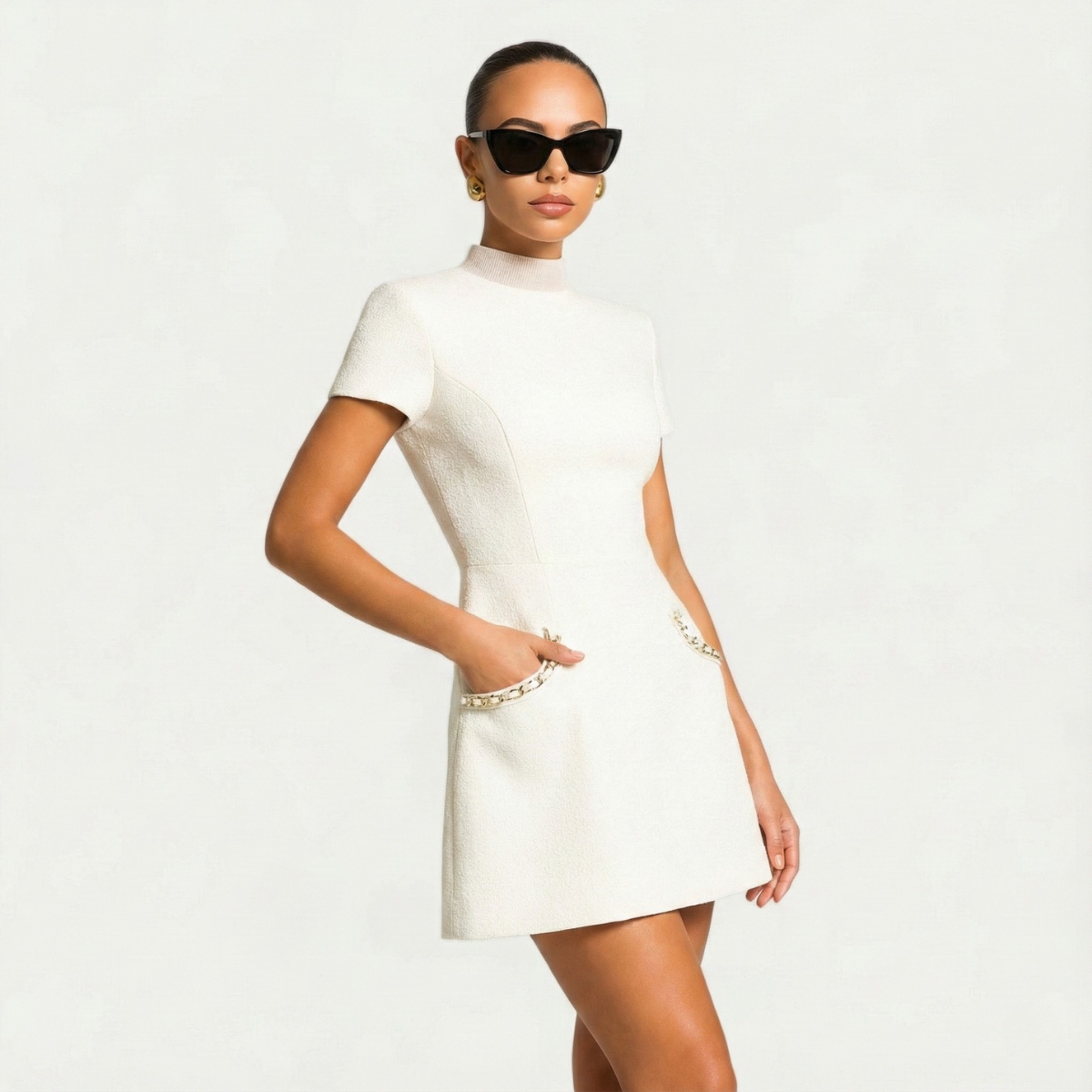 Women's Mini Dress with Pearl Trim and Pockets