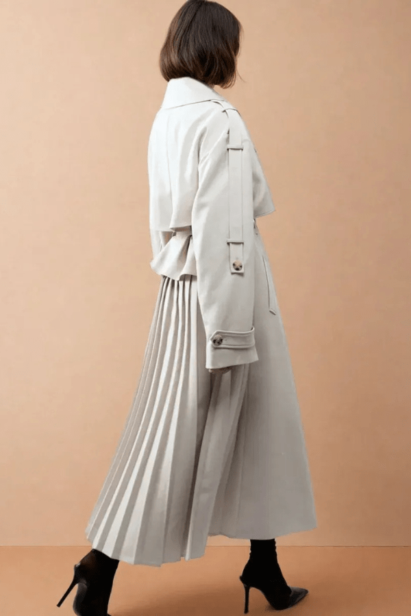 Women's Beige Oversized Trench Coat with Pleated Back