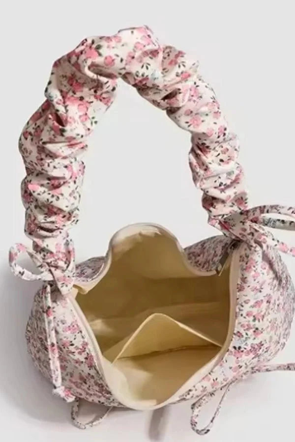 Floral Ruched Handbag – Feminine Canvas Shoulder Bag