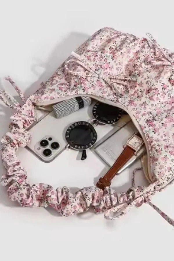 Floral Ruched Handbag – Feminine Canvas Shoulder Bag