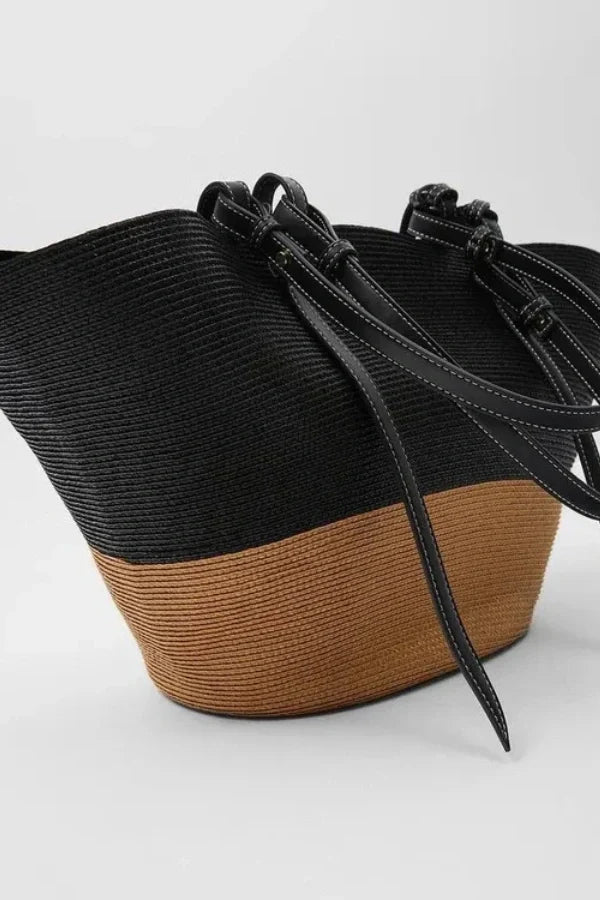 Woven Straw Tote Bag with Leather Handles – Summer Beach Bag