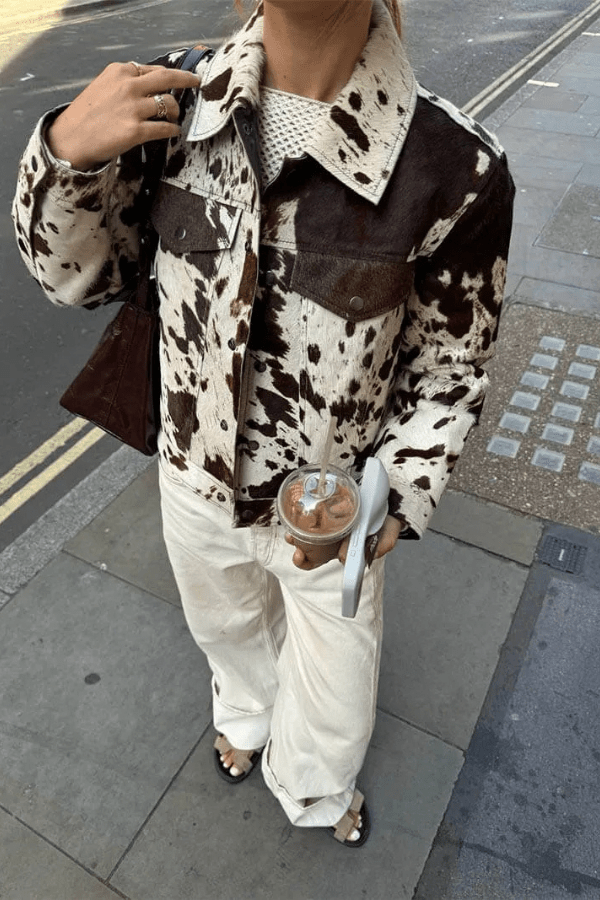 Faux Fur Cow Print Jacket – Straight Cut Statement Piece