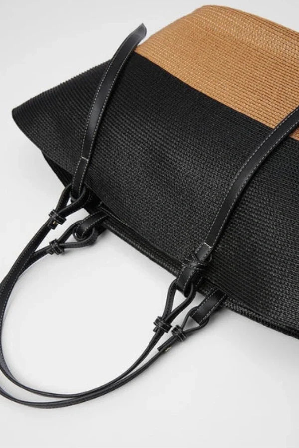 Woven Straw Tote Bag with Leather Handles – Summer Beach Bag