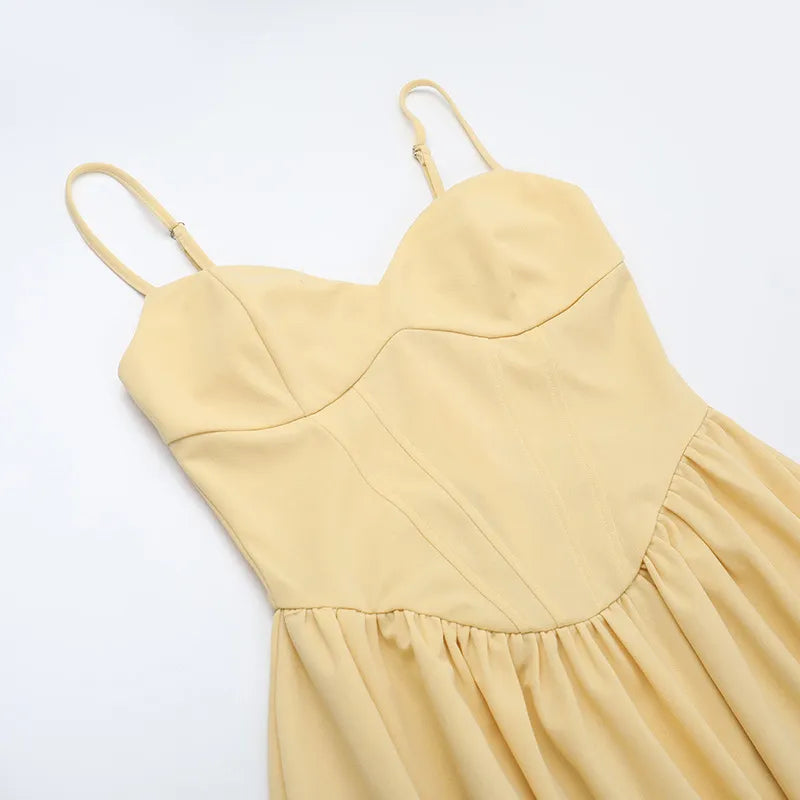 Women's Yellow A-Line Midi Dress with Corset Bodice