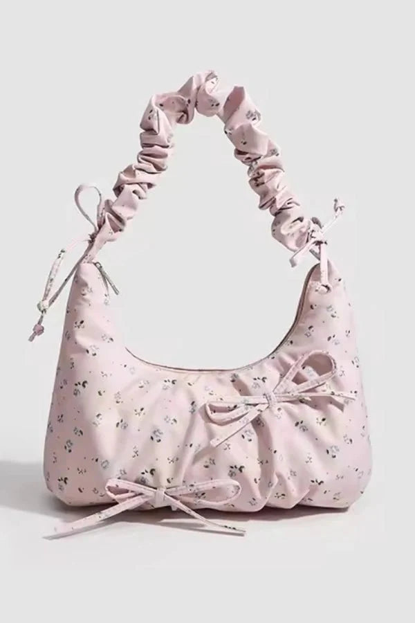 Floral Ruched Handbag – Feminine Canvas Shoulder Bag
