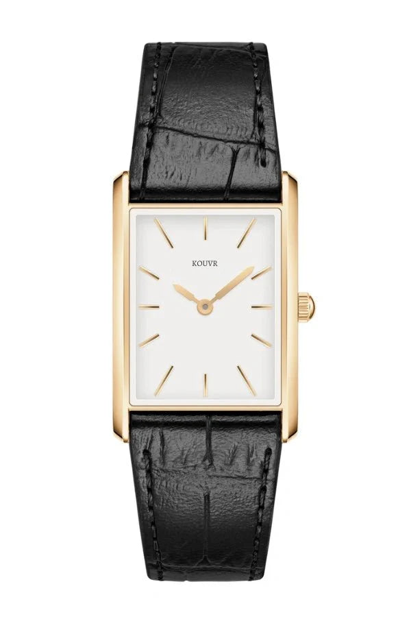 Rose Gold Leather Strap Watch – Geometric Bound Design