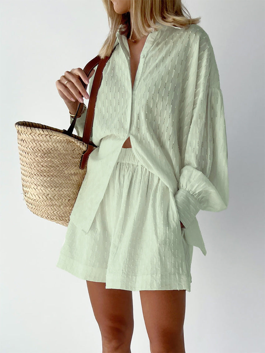 Broderie Stripe Linen Set – Women's Oversized Shirt & Shorts