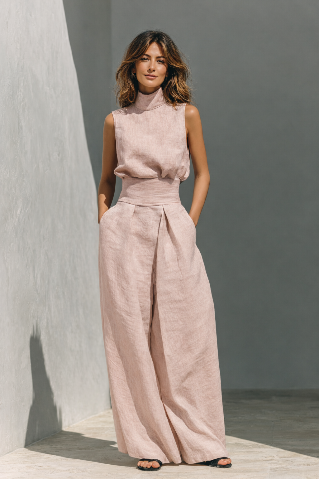 Women's Cotton Linen Two-Piece Set High Neck Top