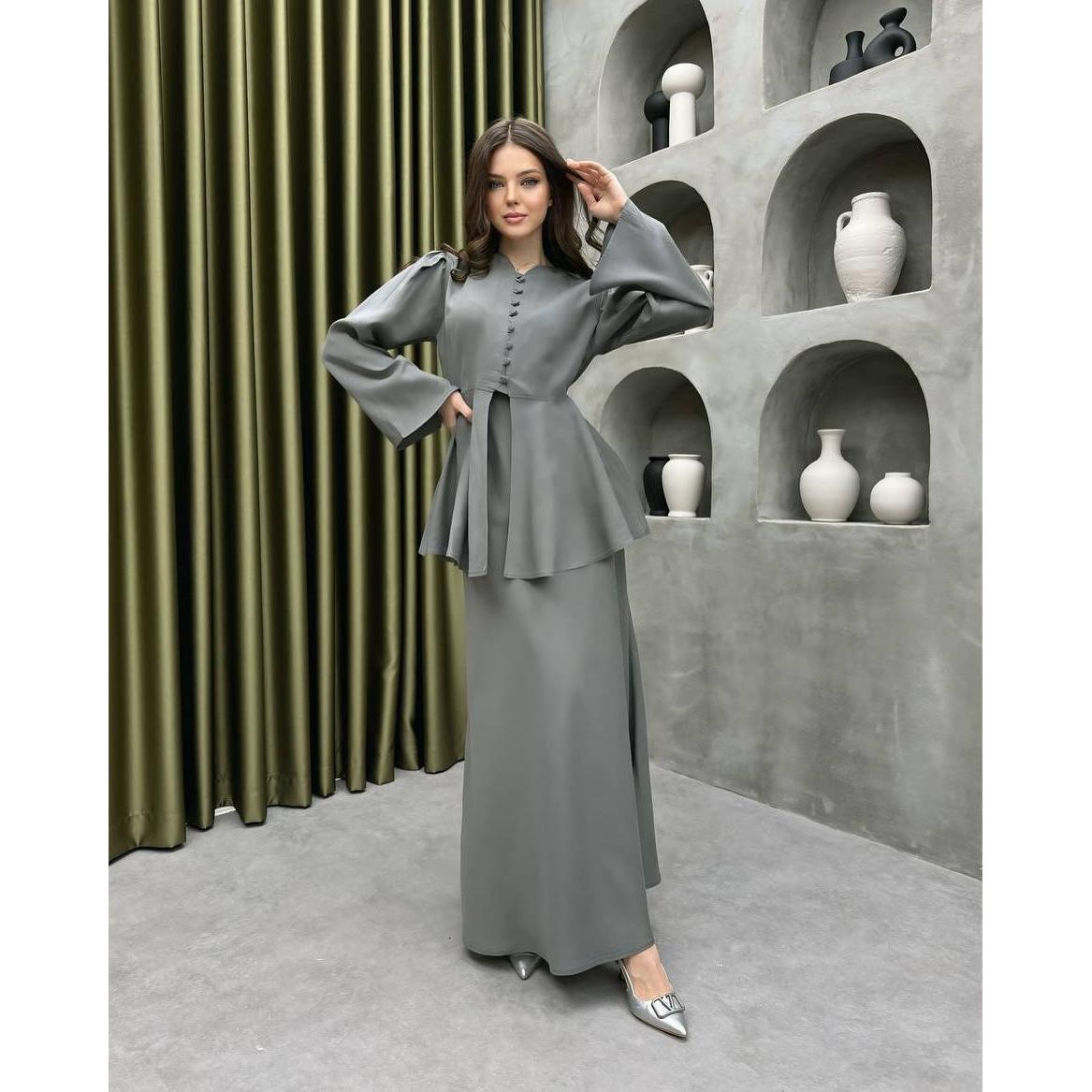 Women's Button Front Peplum Top & Maxi Skirt Set