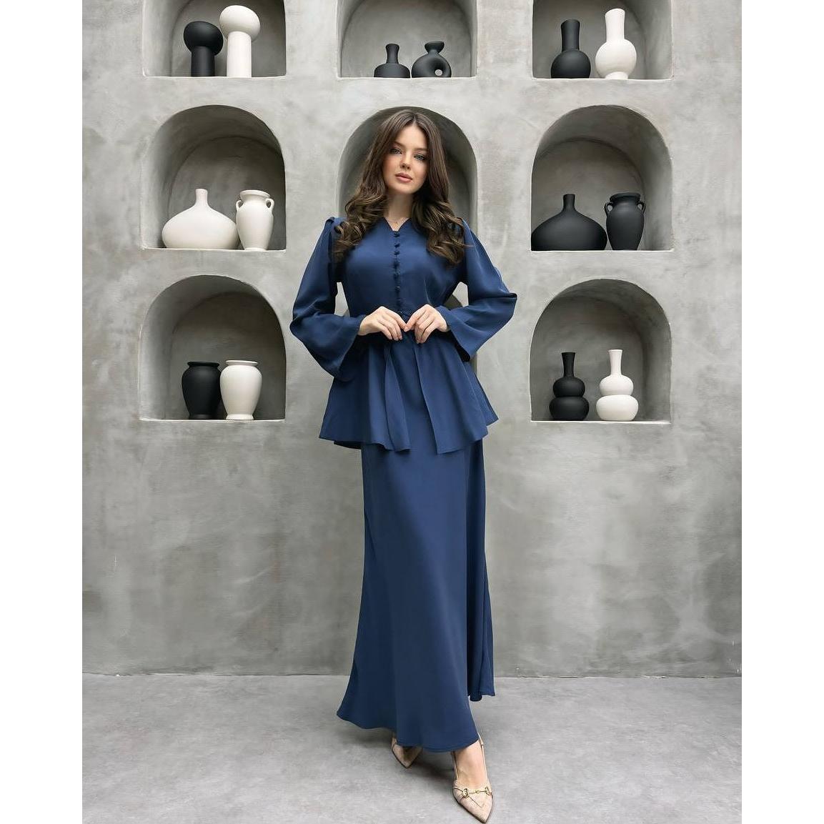 Women's Button Front Peplum Top & Maxi Skirt Set