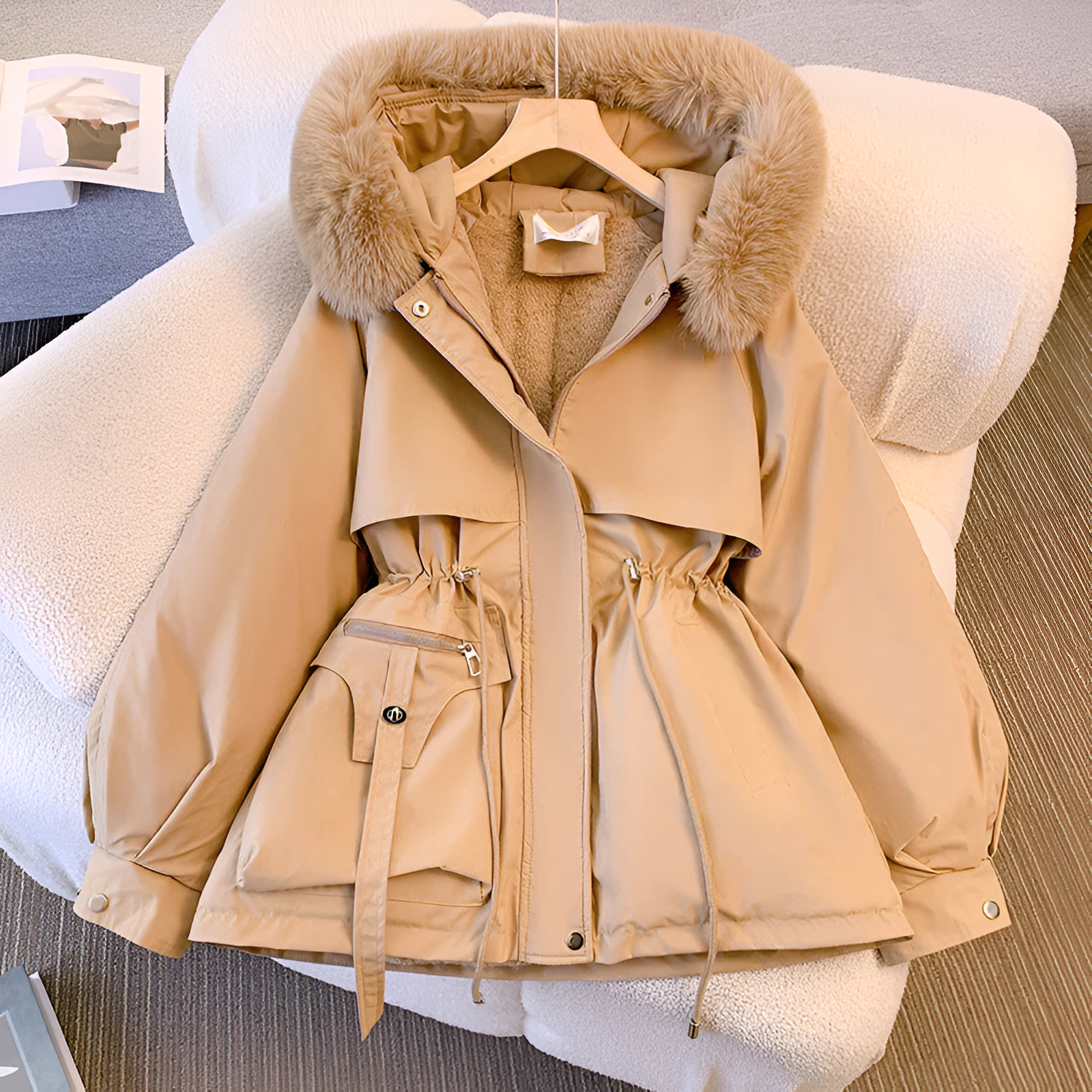 Women's Faux Fur Collar Winter Coat with Drawstring Waist