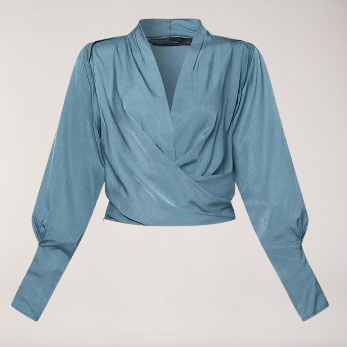 Satin Women's Blouse with V-Neck and Puff Sleeves