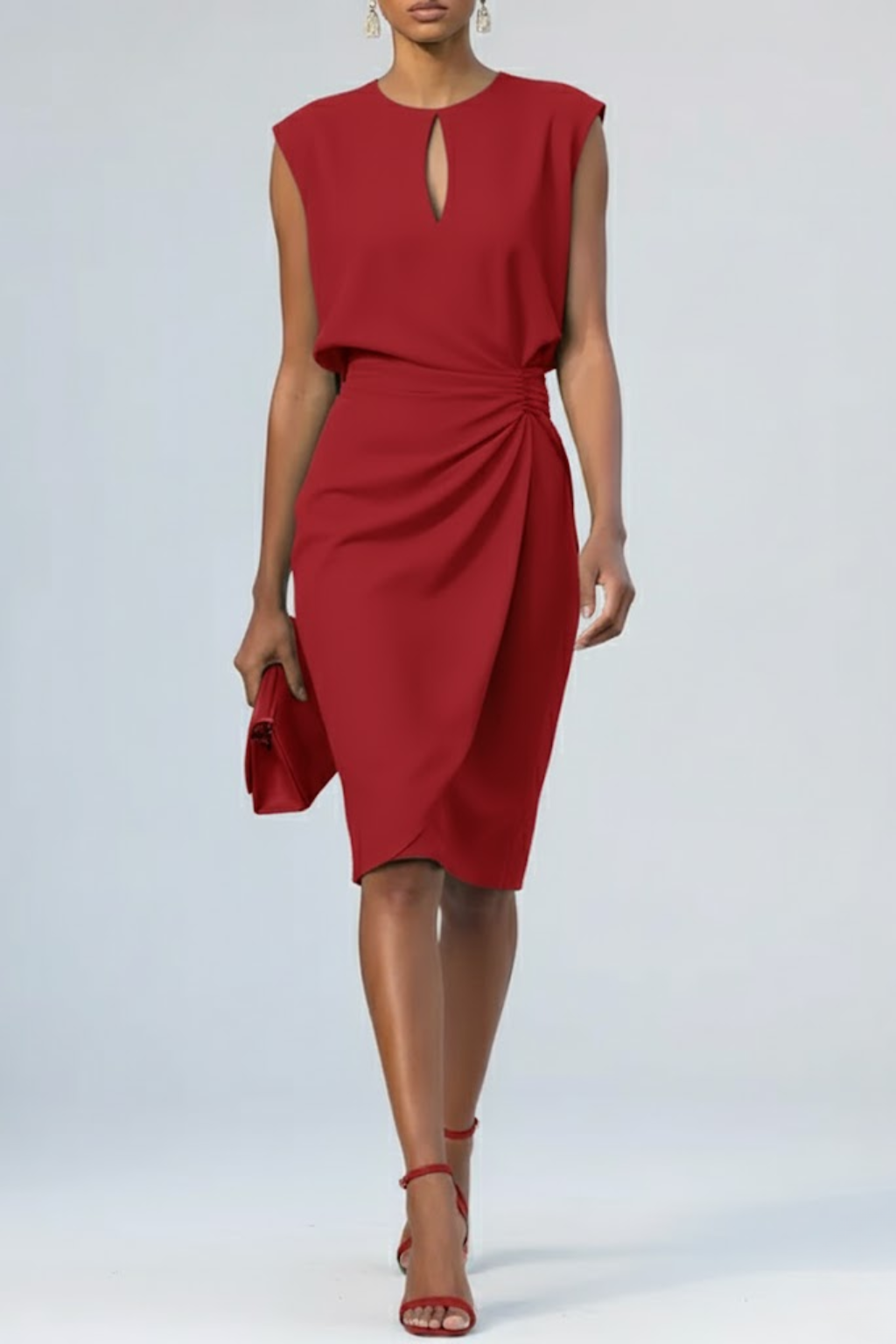 Women's Keyhole Midi Cocktail Dress with Ruched Waist