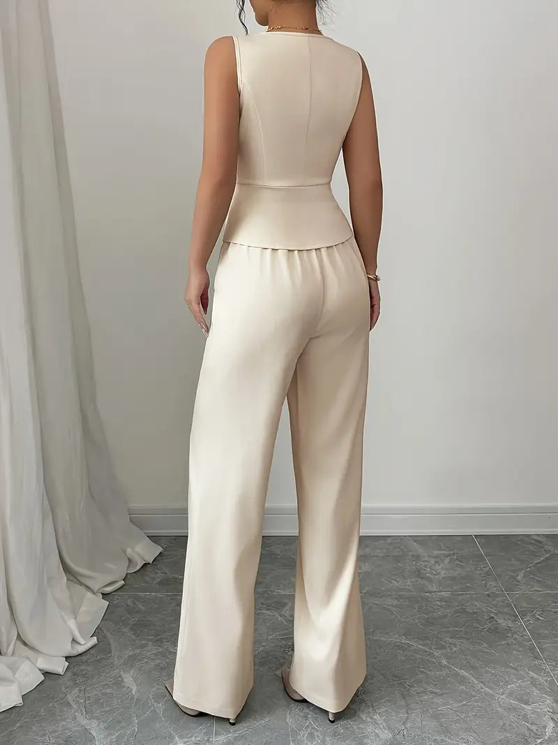 Women's Cream Tailored Trouser Set with Waistcoat – Wide-Leg