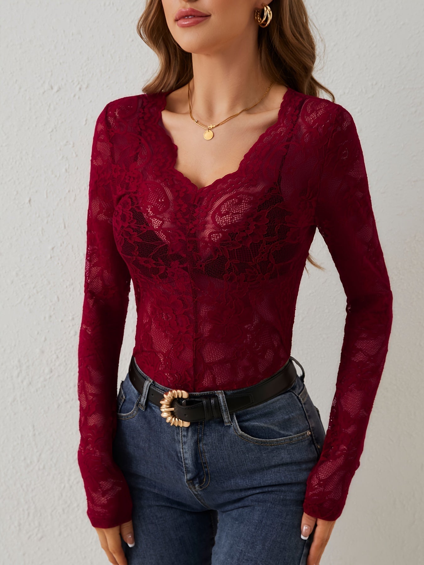 Women's Lace V-Neck Blouse – Slim Fit Long Sleeves
