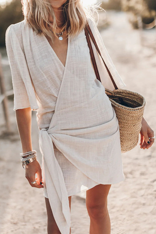 Women's Linen Wrap Mini Dress – Asymmetrical Hem