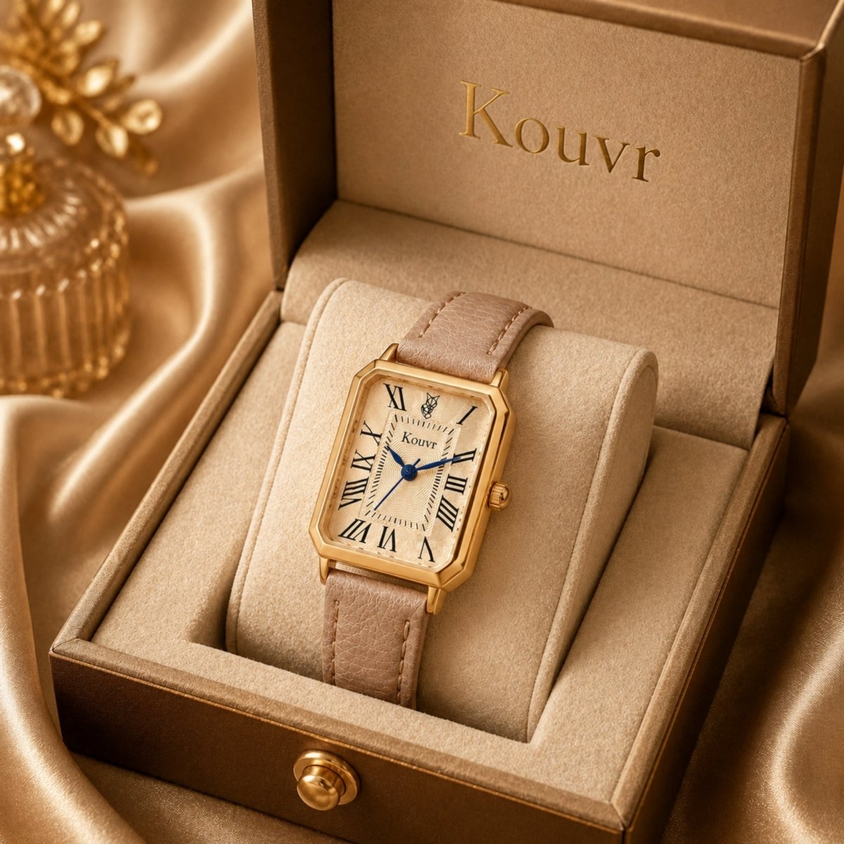 Women's Gold Rectangular Watch with Leather Strap | Champagne Dial