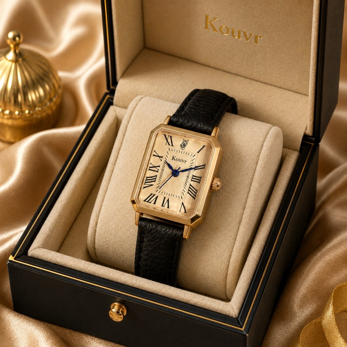 Women's Gold Rectangular Watch with Leather Strap | Champagne Dial
