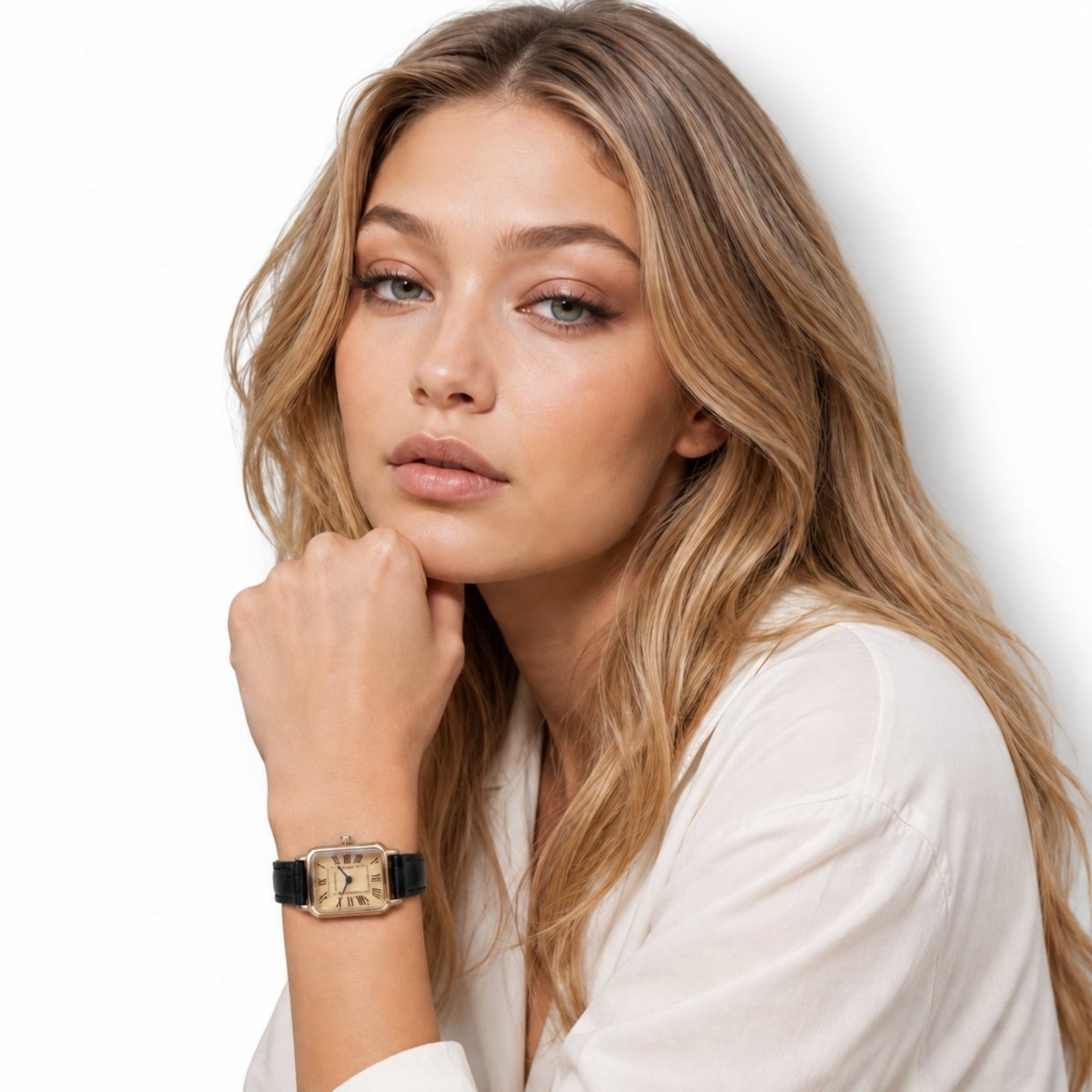 Women's Gold Rectangular Watch with Leather Strap | Champagne Dial