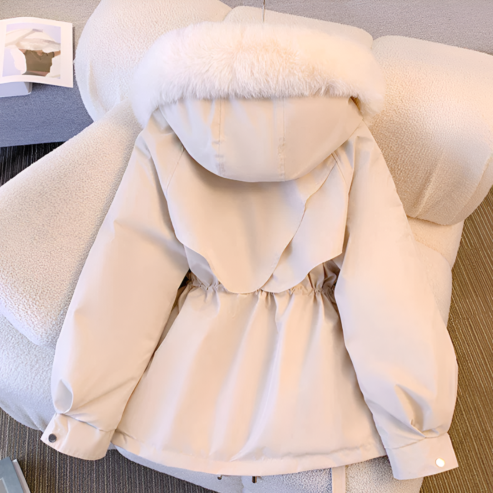 Women's Faux Fur Collar Winter Coat with Drawstring Waist
