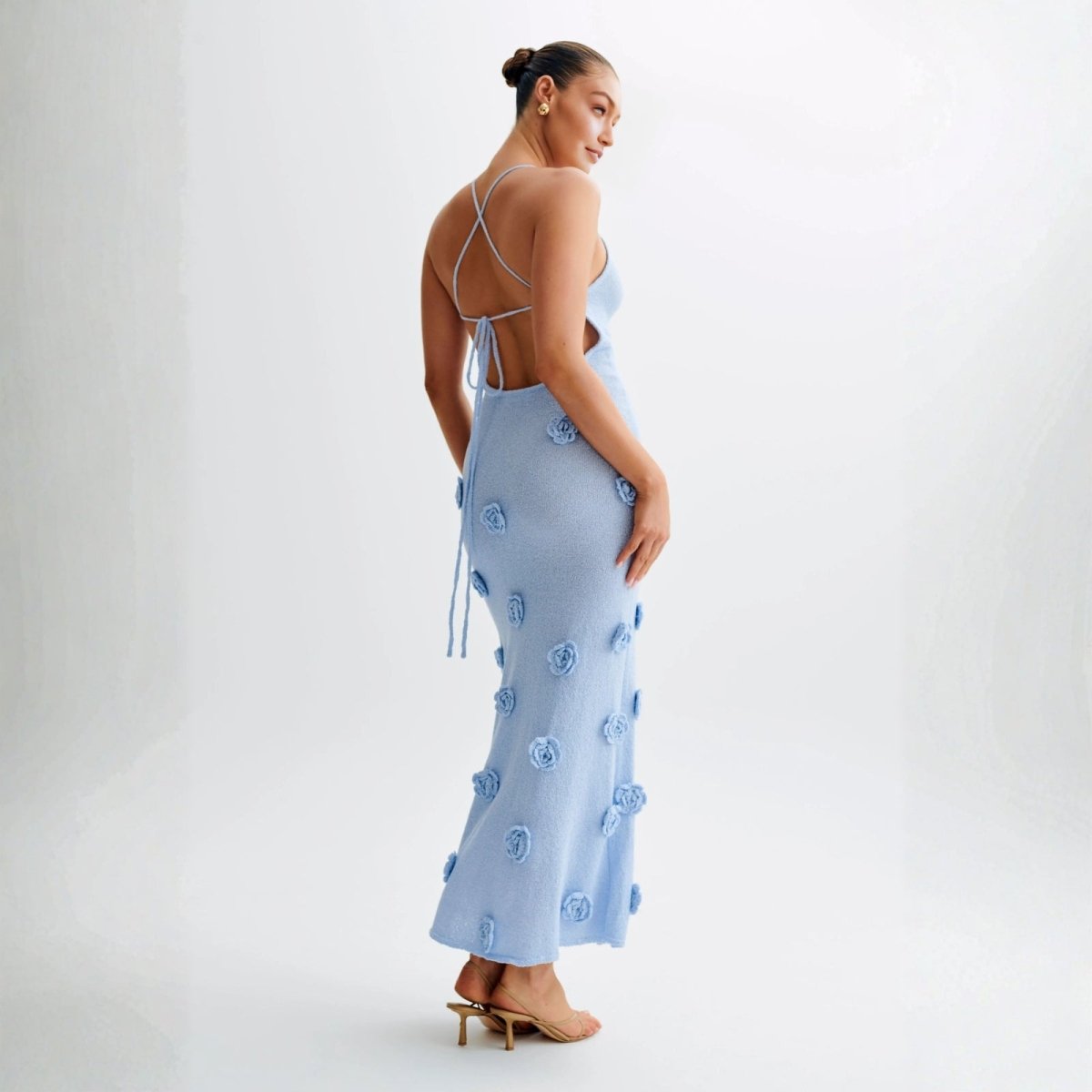 Viscose Knit Midi Dress with Hand-Applied Rosettes | Alexie
