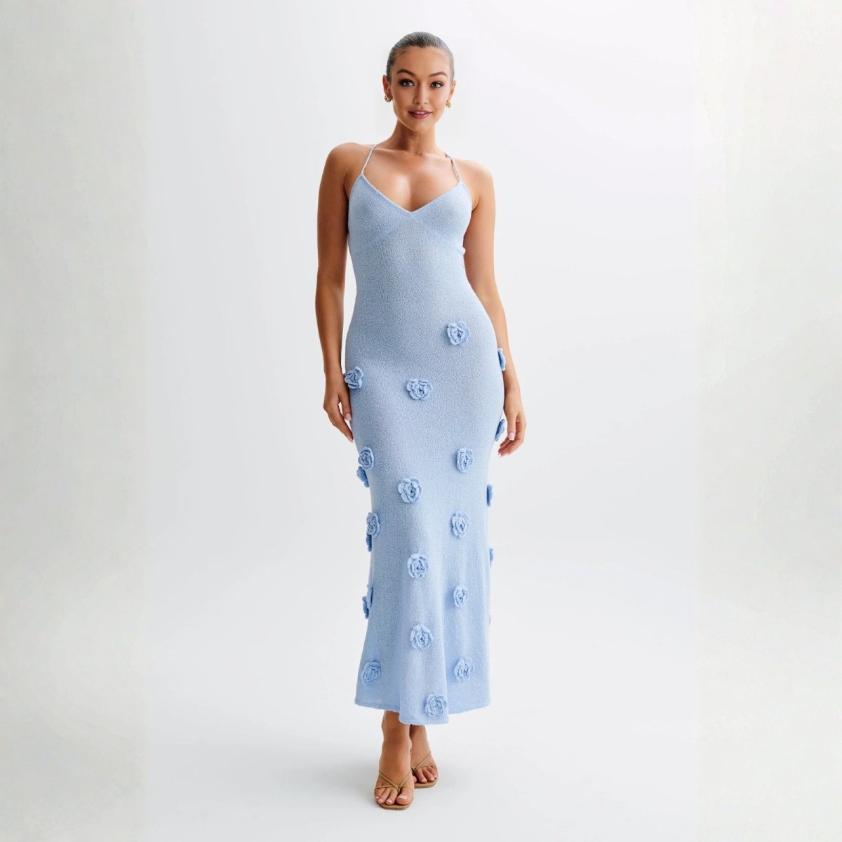 Viscose Knit Midi Dress with Hand-Applied Rosettes | Alexie