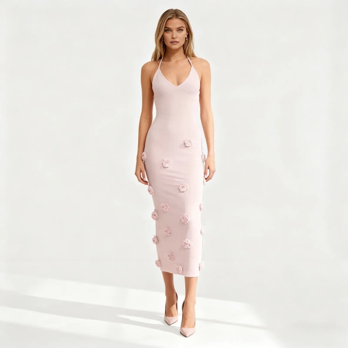 Viscose Knit Midi Dress with Hand-Applied Rosettes | Alexie