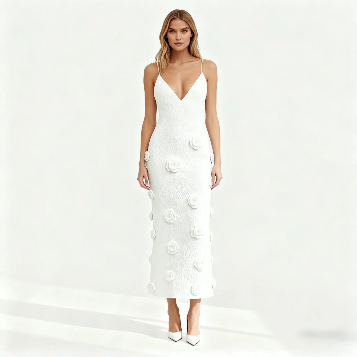 Viscose Knit Midi Dress with Hand-Applied Rosettes | Alexie