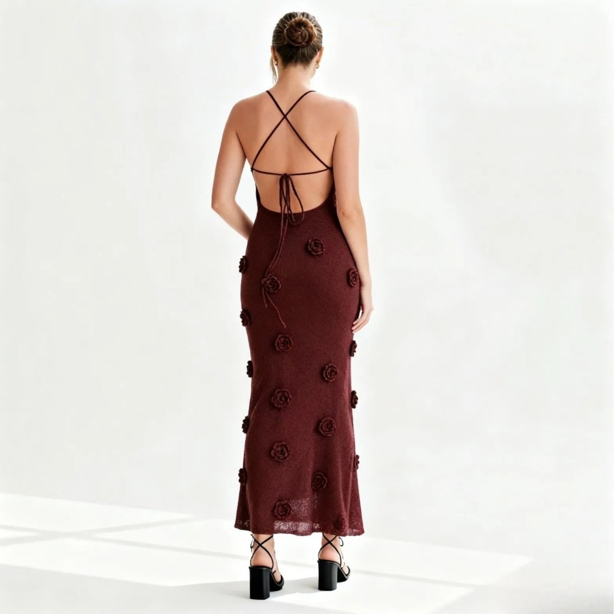 Viscose Knit Midi Dress with Hand-Applied Rosettes | Alexie
