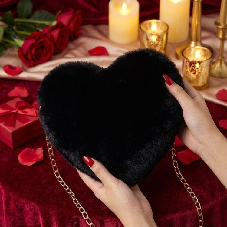 Black Faux Fur Heart Crossbody Bag Women Gold Chain