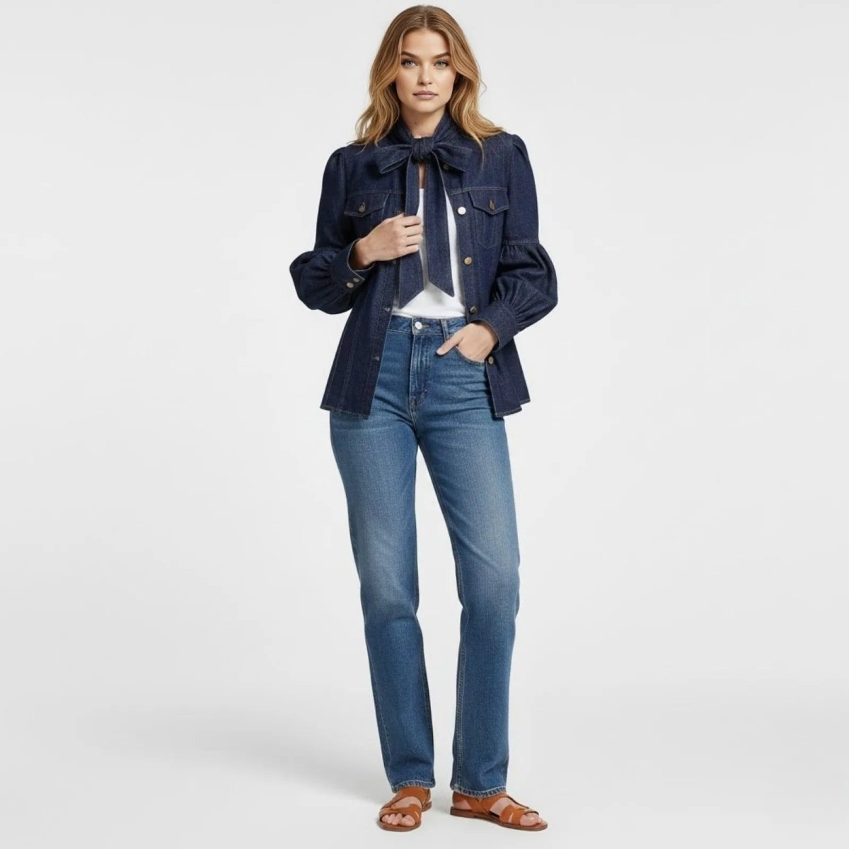 Indigo Denim Blouse with Bow Neckline – Long Sleeve