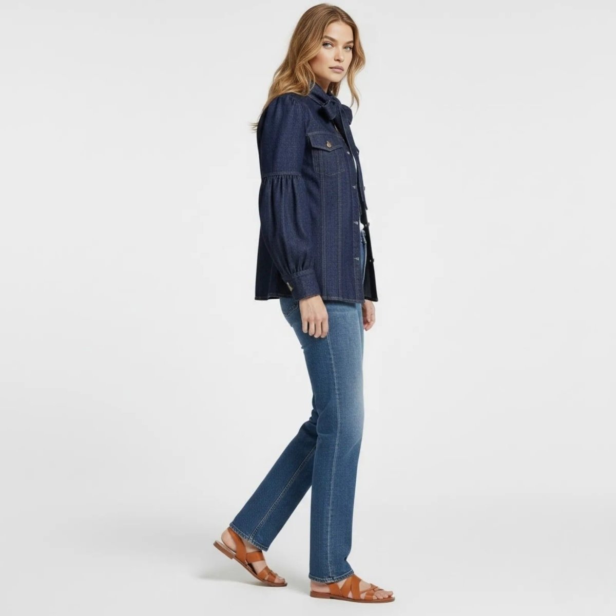 Indigo Denim Blouse with Bow Neckline – Long Sleeve