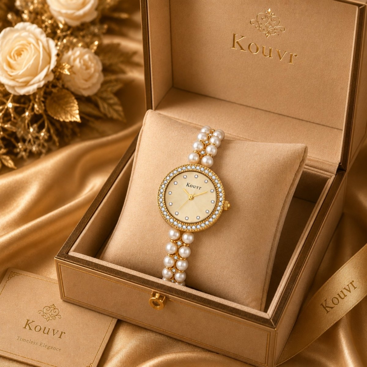 Pearl Crystal Bracelet Watch – Gold Vintage Women's Watch