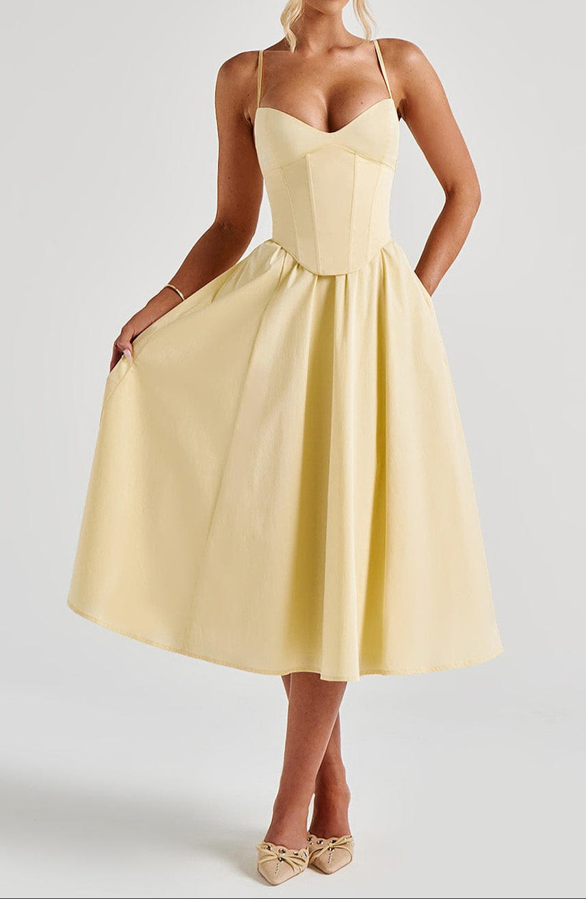 Women's Yellow A-Line Midi Dress with Corset Bodice