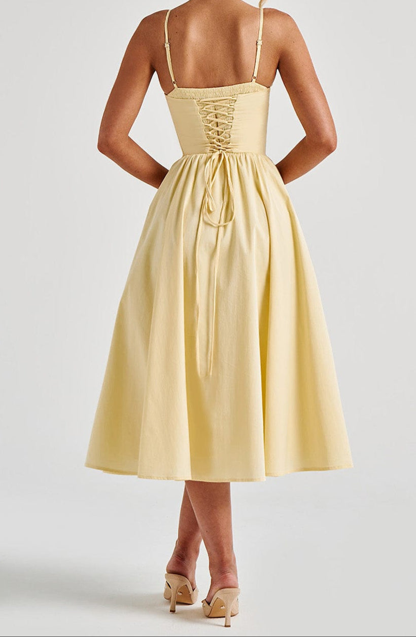 Women's Yellow A-Line Midi Dress with Corset Bodice