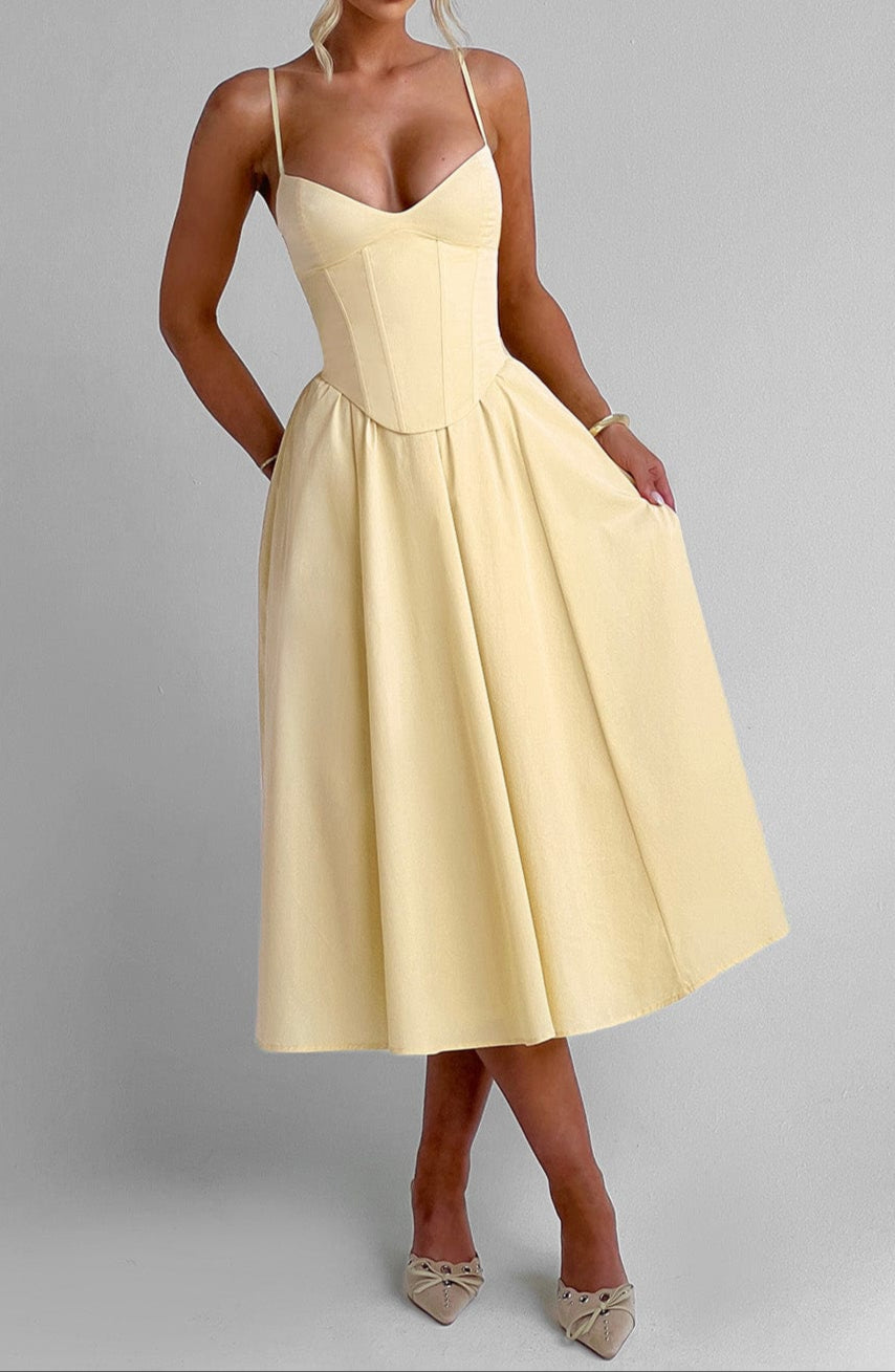 Women's Yellow A-Line Midi Dress with Corset Bodice