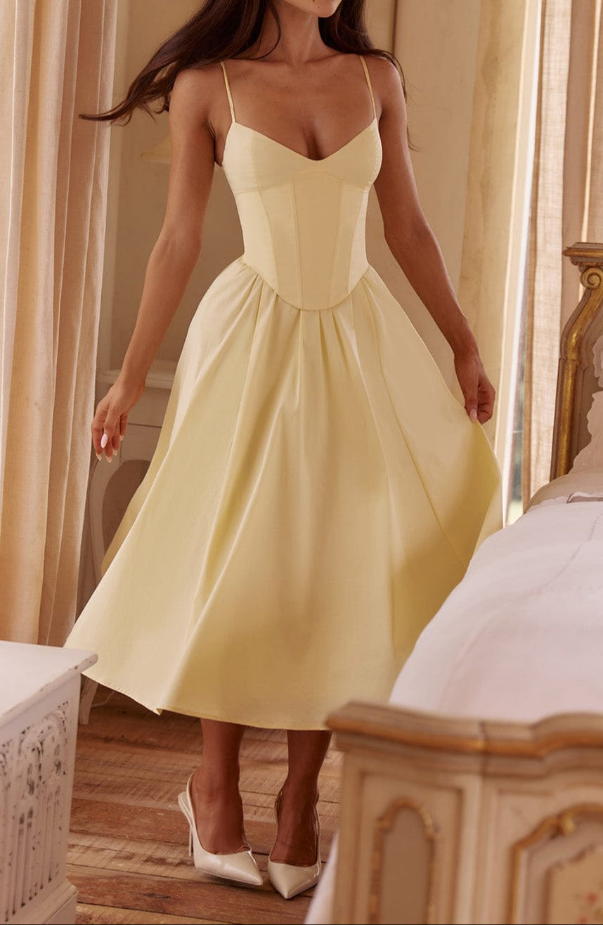 Women's Yellow A-Line Midi Dress with Corset Bodice