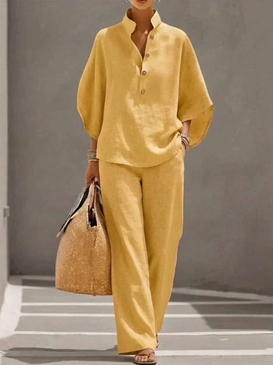 Women's Linen Two-Piece Set with Batwing Sleeves