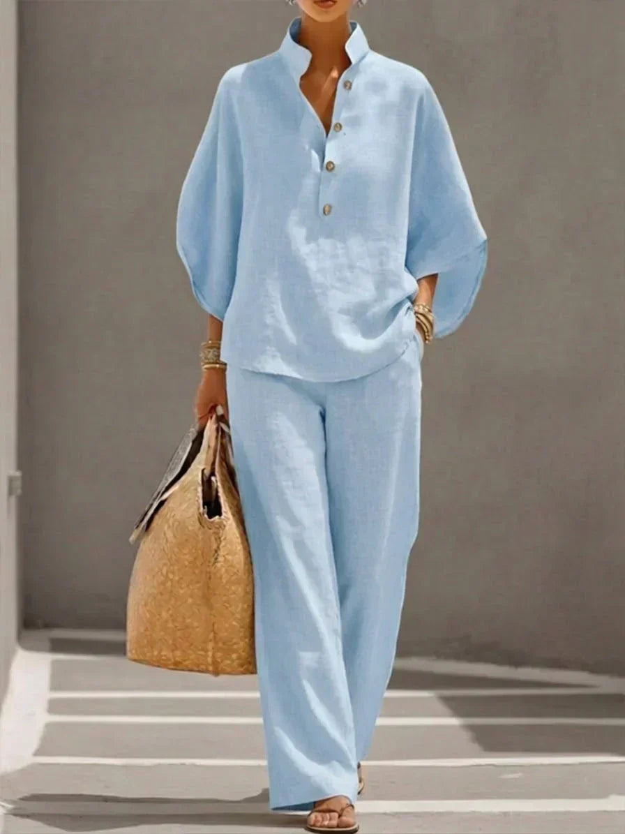 Women's Linen Two-Piece Set with Batwing Sleeves