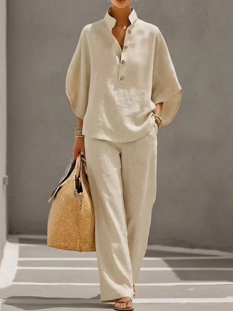 Women's Linen Two-Piece Set with Batwing Sleeves