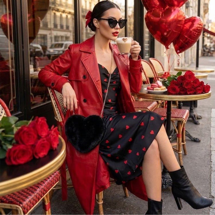 Black Faux Fur Heart Crossbody Bag Women Gold Chain