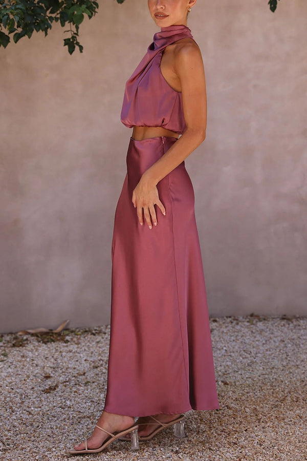 Satin Two-Piece Set – Halter Crop Top & Maxi Skirt