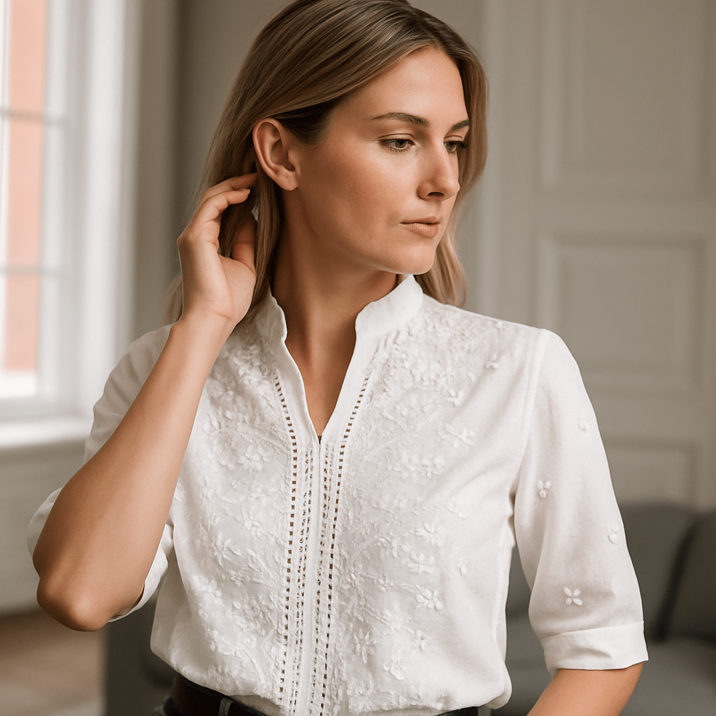Women's Embroidered Short Sleeve Blouse – Floral V-Neck Top
