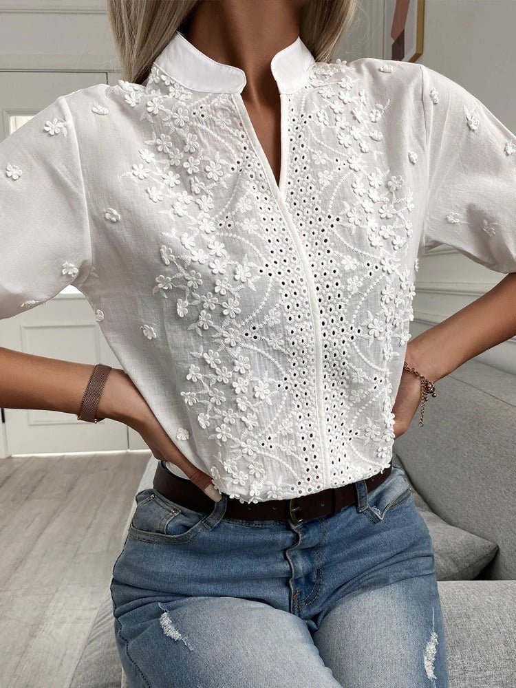Women's Embroidered Short Sleeve Blouse – Floral V-Neck Top