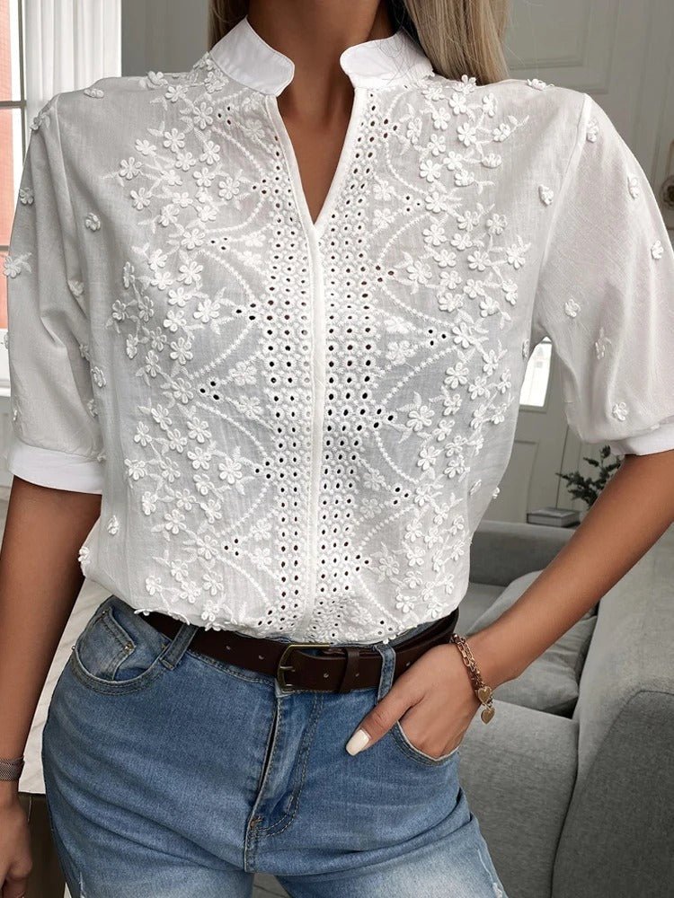 Women's Embroidered Short Sleeve Blouse – Floral V-Neck Top