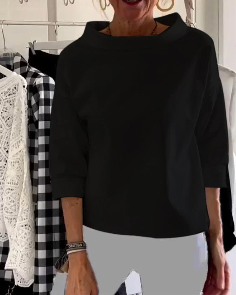 White Women's Bateau Neck 3/4 Sleeve Relaxed-Fit Top